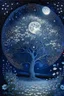 Placeholder: a background of softly blended blues, greys, silvers, and whites with distant, twinkling stars in the sky, an a circle moon casting a soft glow of light on a foreground of a field of various flowers surrounding a tree of life