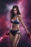 Placeholder: full body portrait - some unknown female in an action scene with bikini on - 32k, UHD, 1080p, 8 x 10, glossy professional quality digital photograph - dark blue and dark red, and light maroon and purple and foggy black gradated background with a paint splattered wall, strawberries, stars, planets, galaxies, an assortment of bright, colorful floral arrangements, black roses, blue roses, red roses, yellow roses, pink roses, dandelions, honeysuckle roses, tulips, carnations,