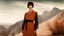 Placeholder: low-level full-body shot of Louise Brooks looking down at the camera with a warm-toned fantasy landscape behind her