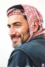 Placeholder: A Palestinian man, thirty years old, wearing a keffiyeh, has a beautiful face, turns his face to the right, has a slight smile, his mouth is closed and his teeth are not visible, his eyes are looking to the left, he appears to be drawn with oil paints