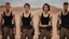 Placeholder: beautiful anorexic caucasian female technician, black tank top, well toned muscles, weathered face, scratched sand camo metal details, short brunette wavy bob haircut, dystopian, desert scene, pulling a knife