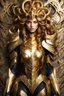 Placeholder: Excellent style Facing front Gorgeous Photography Beautiful Queen Medusa hair snake Cyborg dressing Armor Mecha Golden and jewelry,luxury wall background