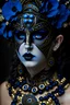 Placeholder: Beautiful faced young lady greek Mytological godess, wearing deco punk ancient greek botanical chain effect half masque, blue and blackadorned with greek amarillisz flower and white szegfű metallic golden beads blue beads decvantablack shamanism greek style decadent mineral stone beads headdress, vantablack lace effect decadent mixed style ornated costume organic bio spinal ribbed detail of smoky firelight vantablack rainy greek background extremely detailed hyperrealistic maximalist portrait