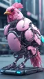 Placeholder: CHICKEN robot made of cotton candy, sci-fi, cyberpunk, full body, ultra realistic, virtual reality, cyberpunk city and colors