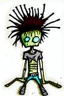 Placeholder: 2d drawing of a stickman, cool with punk hair, x eyes like in hangman, laying flat on stomach,top view of full body,3d realistic in colour