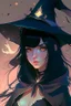 Placeholder: anime woman with black hair, mage, witch hat, girly