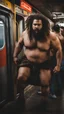 Placeholder: full figure photography of an ugly dirty gipsy burly muscular chubby stocky strong man 31 years old with raided beard, dreadlocks, manly chest, hairy , ajar mouth, photorealistic ,shirtless, bulging shorts, side light, inside a crowded subway station , neon lights