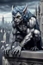 Placeholder: captivating and highly detailed fantasy, gothic illustration featuring a grayish Gargoyle with curly bluish hair crouching above the city, leaning forward to observe the people below. Style of artist Anne Stokes, Gothic, Dark Fantasy, photo, 3d rendering, cinematic
