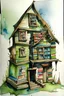 Placeholder: House made from Books. Watercolors. Crooked House.