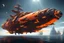 Placeholder: Scifi pirate ship as spaceship - sails of ship are orange