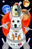 Placeholder: white and orange dog flies to the moon top of the a rocket