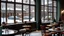 Placeholder: the inside of a luxury Cozy christmas cafe. there is a large window and outside you can see the street it is snowing. there is a vintage car parked.