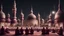 Placeholder: Hyper Realistic lots of Muslim-Men praying outside a Massively-Huge-Beautifully-Crafted-Maroon-&-Silver Mosque with detailed-minarets & Ramadan-Light-Decorations-&-Lamps at beautiful-dark-night with dramatic-&-Cinematic-Ambiance