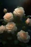 Placeholder: magic A bush of delicate tea roses of dark cream color, the plant is ultra-detailed, rain, beautiful landscape, fog, many details, delicate sensuality, realistic, high quality, 3d, hyperdetalization, filigree, hazy haze, hyperrealism, professional, transparent, delicate pastel tones, back illumination, contrast, fantastic, unreal, translucent, glowing, clear lines, epic fabulous, fabulous landscape, hyperrealism