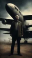 Placeholder: Bosch nightmares paining style Title:a man standing up in front of an old airplane, 8k artistic photography, photorealistic concept art, soft natural volumetric cinematic perfect light, chiaroscuro, award-winning photograph, masterpiece, oil on canvas, Raphael, Caravaggio, Greg Rutkowski, people, beksinski, Giger