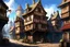 Placeholder: medieval inn of a fantasy tow, view from a distance in the streets