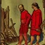 Placeholder: The man in red and the dwarf sympathize around the campfire, medieval style