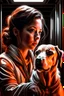 Placeholder: portrait of dog on a karate girl in the style of giger, spraypaint, photorealism, trending on artstation, 8k, depth of field, downlight, lightrays, volumetric, white hall podium, brown and orange