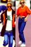 Placeholder: year 1996 denim fashion. Loose fit, low waist, baggy. Colors: denim blue, blue, purple, khaki, light green, lilac, plum, orange, terracotta, red, pink, dark blue, beige. Women models. Jennifer Lopez, Kate Moss, Gwyneth Paltrow. Big tennis shoes on.