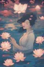Placeholder: woman floating in glowing water, top view, night time, lotus floating in water, freedom, bust up, sense of liberation, concept art, art by james jean, takato yamamoto, 4k, concept art, illustrative