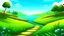 Placeholder: Fantasy cartoon illustration: path in the grass near a lake