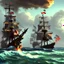 Placeholder: Two pirate ships fight each other at sea. Firing cannons. One ship is hit and burns after being hit.
