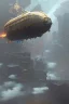 Placeholder: steampunk airship in a storm with lightning above a city