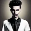 Placeholder: Homme blanc, cheveux noirs courts frisés, petite moustache noire