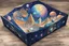 Placeholder: a box for storing things with beautiful drawings a lot of colours, very detailed, angels, minerals, planets space, galaxies, pyramids on a planet