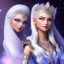 Placeholder: Ice Princess with white hair smilling, a crown with precious stones, bright background