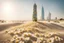 Placeholder: Burj al arab made of daisy flowers in the sand in the sunshine, ethereal, cinematic postprocessing, bokeh, dof