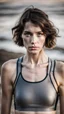 Placeholder: beautiful anorexic young woman, total shot, short shiny grey triathlon swimsuit, short brunette wavy bob hair, blurred beach background