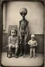 Placeholder: 1900's black and white vintage photo, interior, alien human hybrid small creature with a family that is sad, captured on square format film, grainy, aged