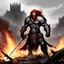 Placeholder: [art by Slipknot] once a flourishing field, now reduced to burned ruins, fumes of death hung heavy in the air. Amidst the devastation, an enraged redhead Barbarian, a towering figure of wrath and fury, thundered across the desolate landscape. His eyes blazed with a primal rage as he sprinted towards a lone white paladin, clad in chrome steel plate armor, a beacon of light amidst the darkness. The Barbarian faces the paladin.