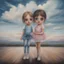 Placeholder: Surreal painting of 2 little girls, jeans and tutu, big eyes, the sky in the background