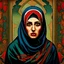 Placeholder: a surreal painting : Iran , year of 1920, a scared woman with hijab, front view , close up
