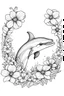 Placeholder: portrait of dolphin and background fill with flowers on white paper with black outline only