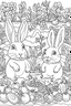 Placeholder: A black and white outline art for a kids coloring book, Cute bunnies in a vegetable garden, outlined with veggies around., white background , sketch style , full body, only use outline, mandala style, clean artpage, , white background, no shadows and clear well outlined