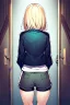 Placeholder: blonde girl with short jacket and shorts runs in a corridor in front at a mystery door, back view, line arts, manga style