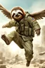 Placeholder: sloth in a scavenger military clothes doing flying kick hyper realistic art, post-apocalyptic house background