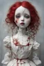 Placeholder: A hauntingly beautiful porcelain doll with small storms for eyes. Her skin is pale and cracked like porcelain. Her hair is red like wine with fire coming out. Her lips are sewn together except for one corner that is ripped and bleeding.