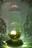 Placeholder: floating suspended translucent glowing orb above pedestal, misty, inside overgrown moss vines labrotory, sacred geometry object inside translucent floating orb, aura foggy mist, tesseract, purple, green, gold