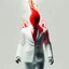 Placeholder: a man with fire in the palm of his hand wearing a white suit with a red tie who has no face