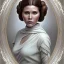 Placeholder: square framed complete and ultra realistic detailed head to waist stunning portrait of young carrie fisher as Princess Leia with realistic hairstyle by Mandy Jurgens and mucha and Richard Schmid and chuck close and chie yoshii, extraordinary and detailed ceremony dress of star wars,brown eyes