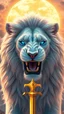 Placeholder: The face of a powerful white lion with roaring blue eyes and a large full sun behind her head and a golden sword in her hand in a beautiful and amazing view and psychedelic atmosphere.