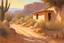 Placeholder: sunny day, rocks, mountains, countryside, dirt road, adobe house, sci-fi, friedrich eckenfelder and henry luyten impressionism paintings