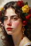 Placeholder: a portrait of a beautiful Spanish young woman: her hair is gold, her forehead is the Elysian Fields, her eyebrows rainbows, her eyes suns, her cheeks roses, her lips coral, pearls her teeth, alabaster her neck, marble her bosom, ivory her hands, her whiteness snow,