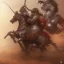 Placeholder: Nomad cavalry inline attacking. Horses. Damascus steel. Red. Sharp details. Roar.