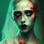 Placeholder: singer Danish MØ, background liquid, blood, hair guts, darkred tones,