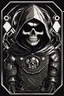 Placeholder: skull head on toy robot in a black hooded cloak drawn in a retro mascot style, inside a light diamond shape on a black background, monochromatic